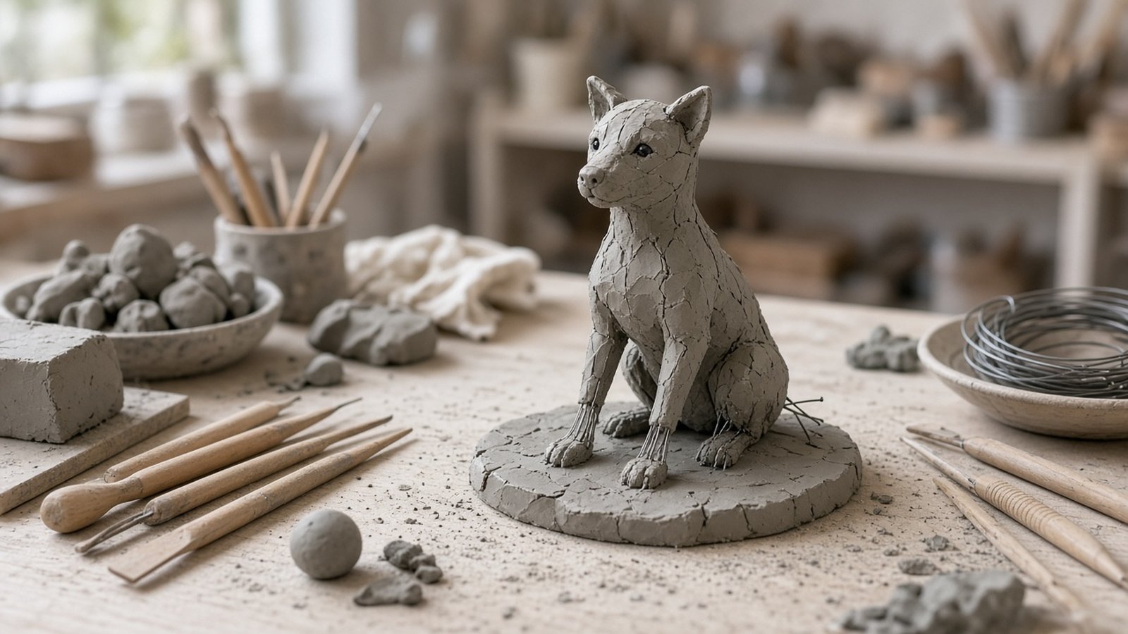 Clay sculpting classroom table with tools and clay