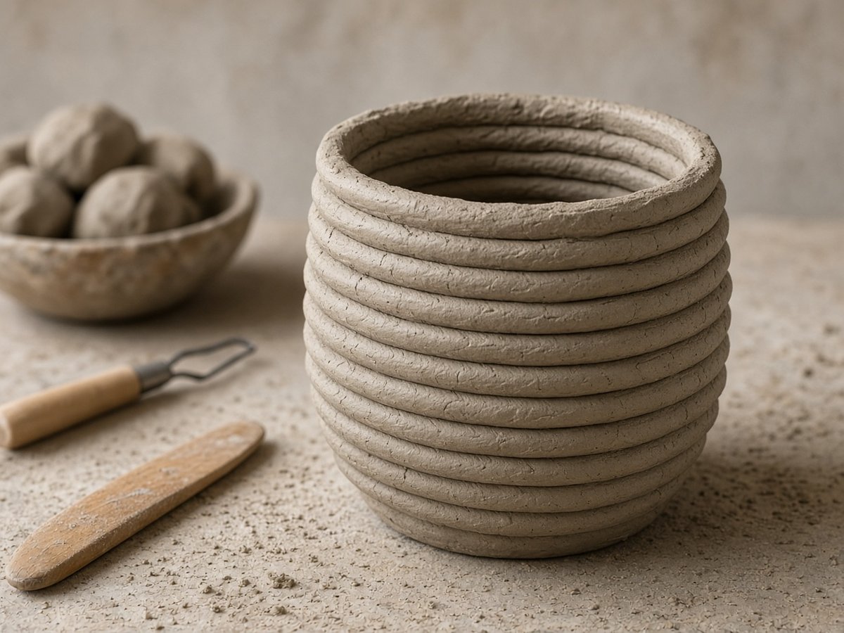 Coil building a clay vessel